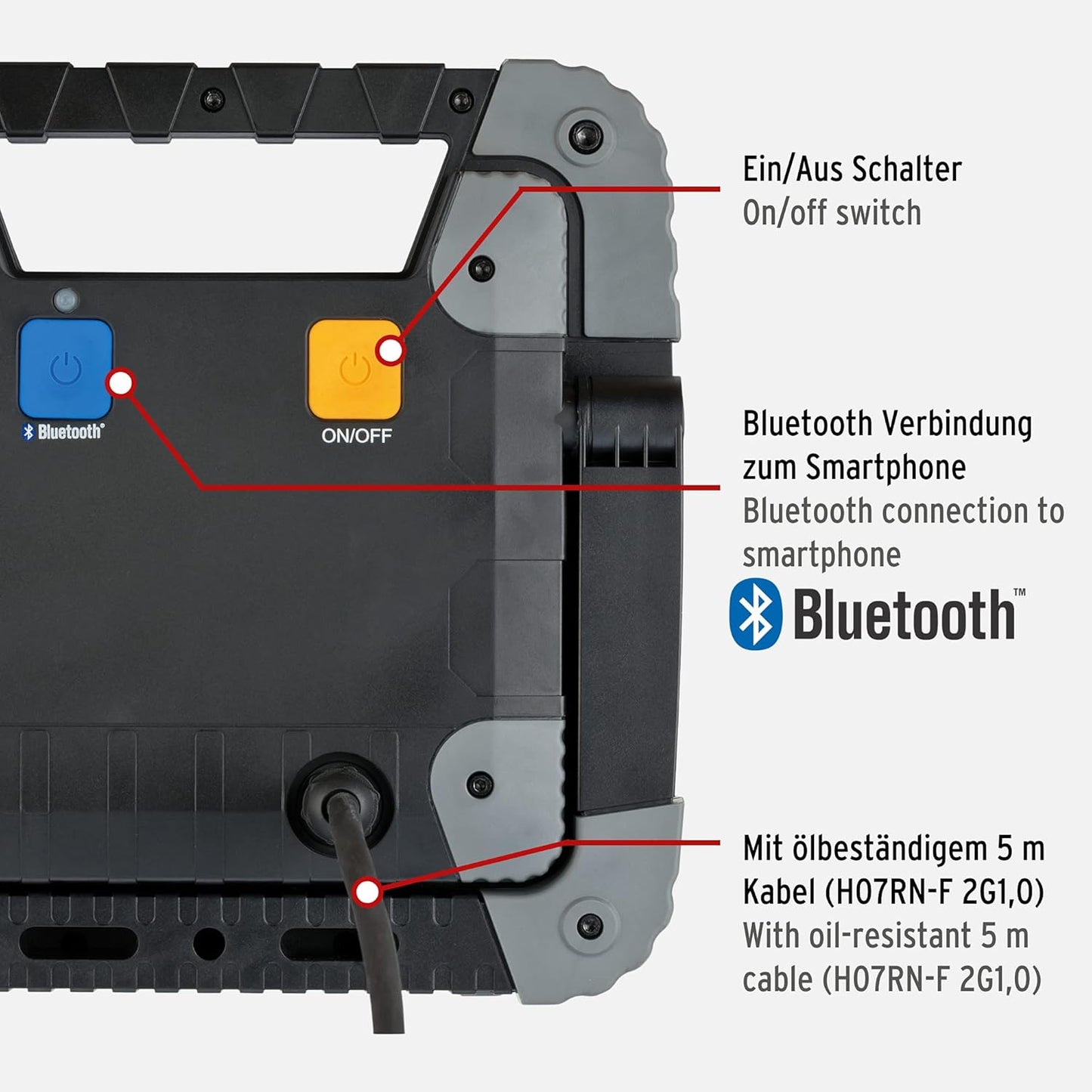 Bluetooth LED-Baustrahler TORAN 3050 MB, 3400 lm mit 5m Kabel