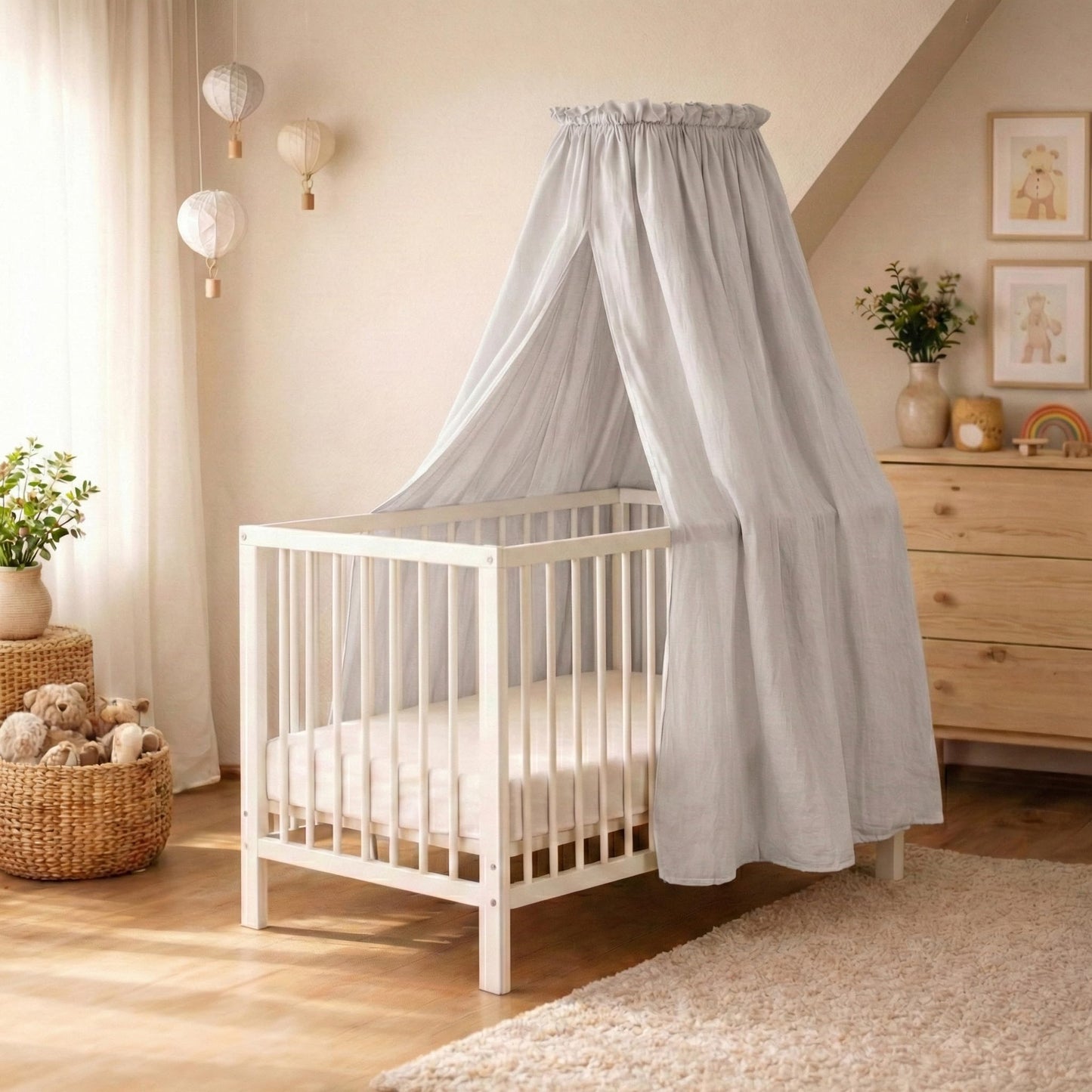 Betthimmel-Set für Babybett, montierbarer Ständer + Stoff hellgrey