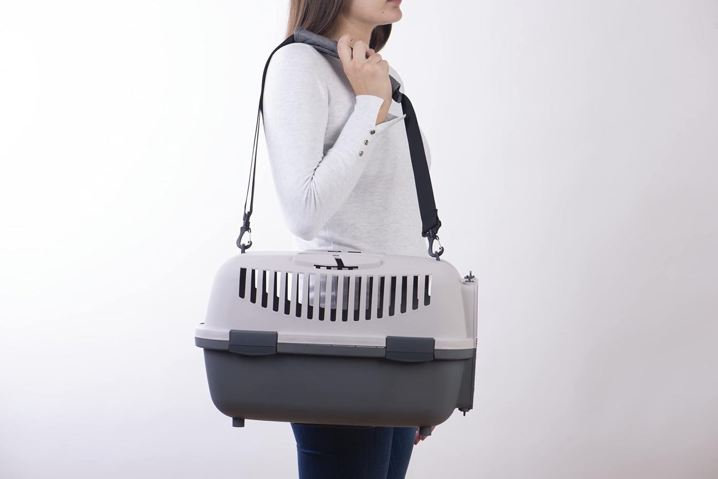 Hundetransportbox für kleine Hunde & Katzen, L 48 x B 32 x H 32 cm Grau