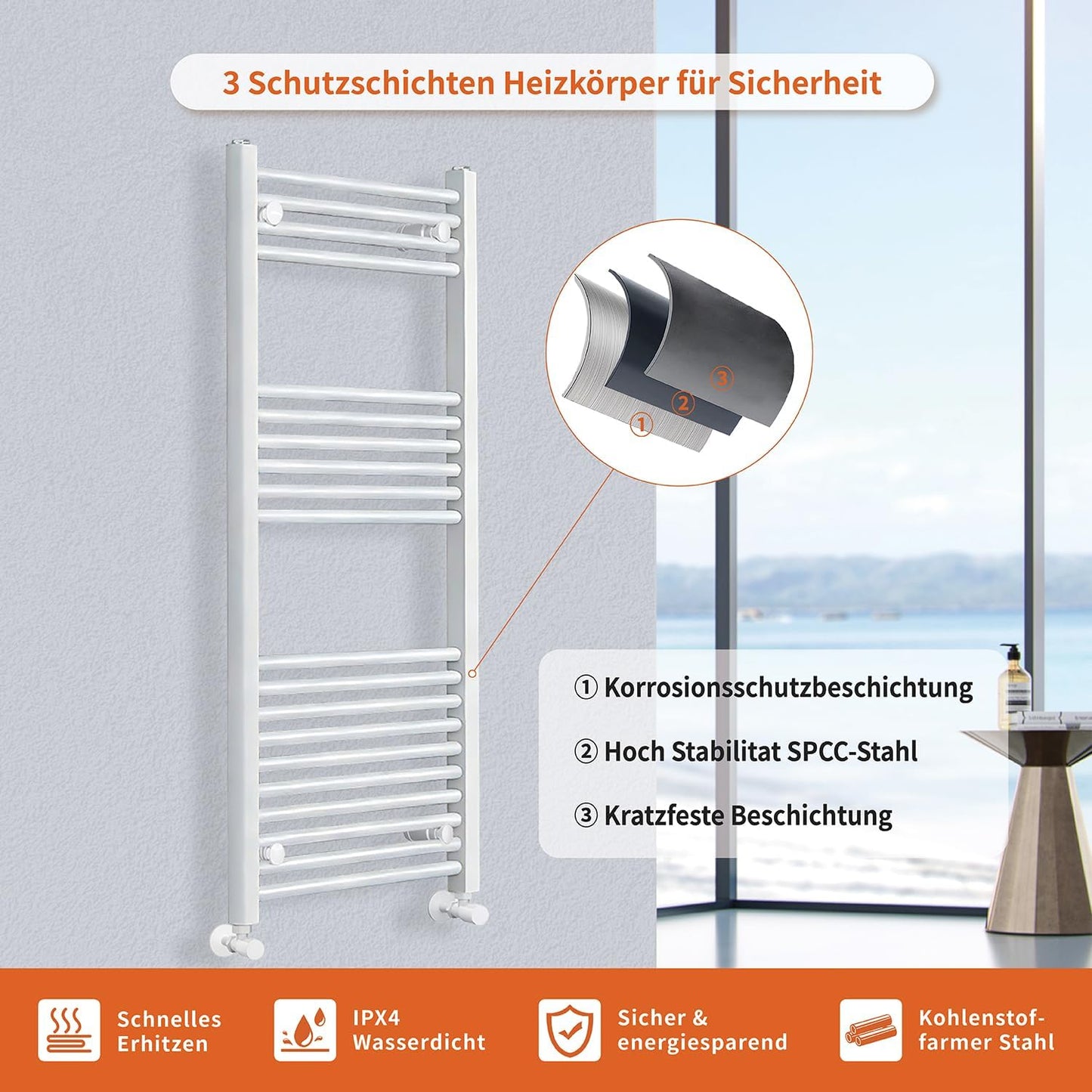 Handtuchheizkörper mit Seitenanschluss, 1200x500mm Weiss