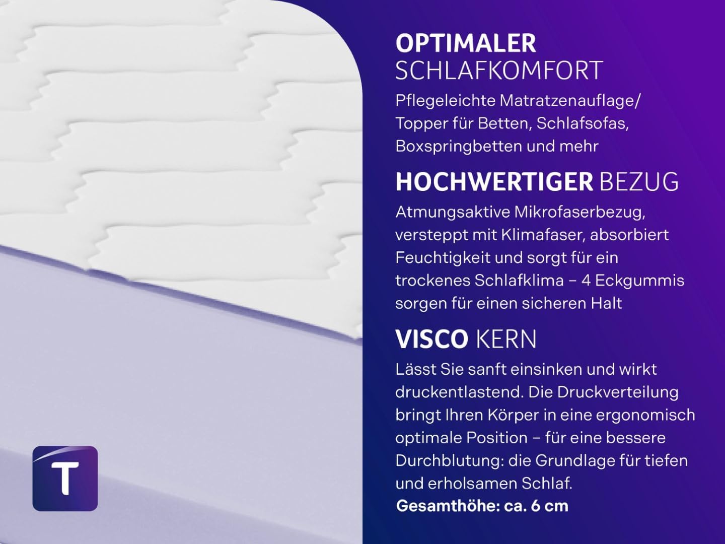 Matratzentopper mit Memory Foam, Viscoschaum|120 x 200 cm