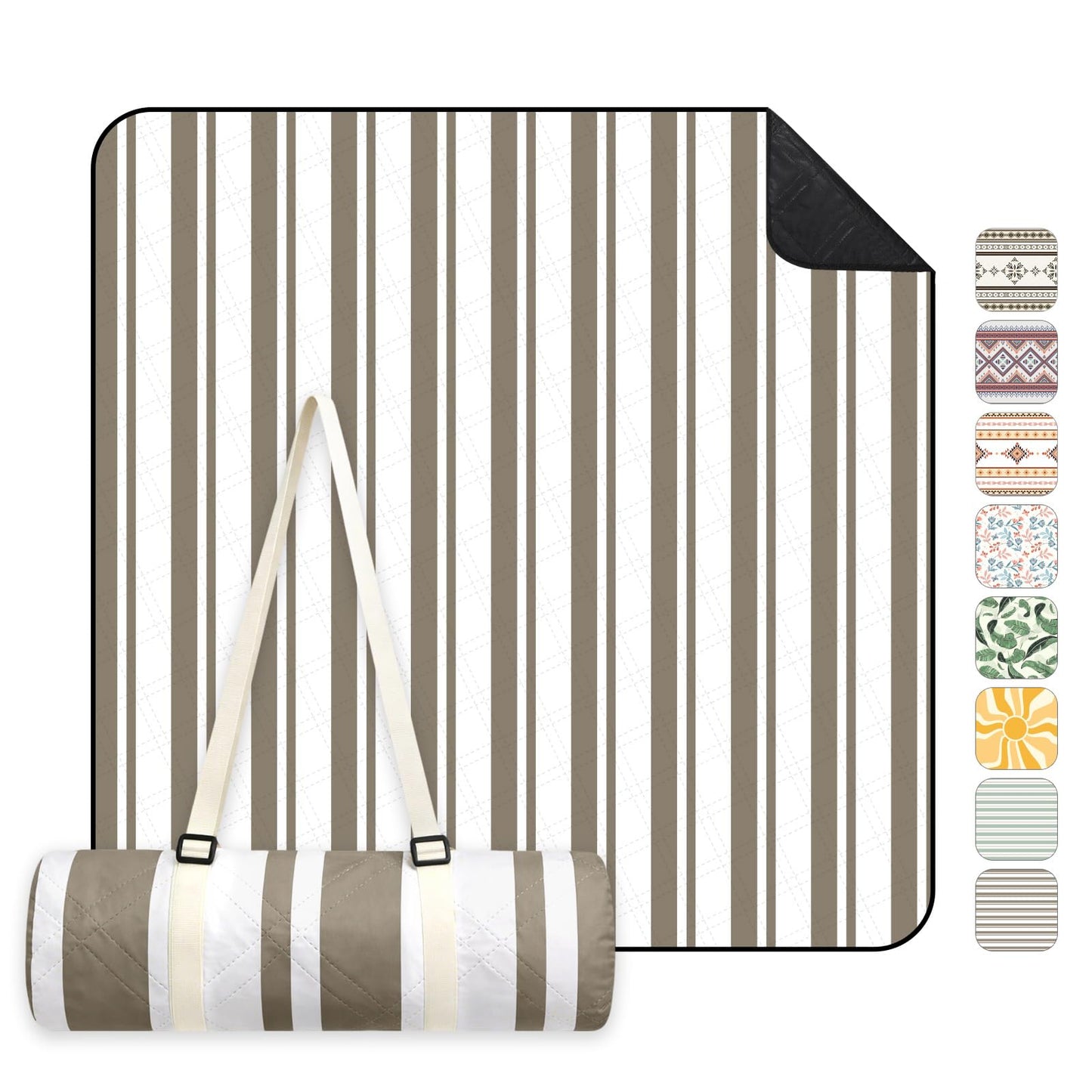 Wasserdichte Picknick- und Stranddecke, 200x300 cm Taupe - Streifen