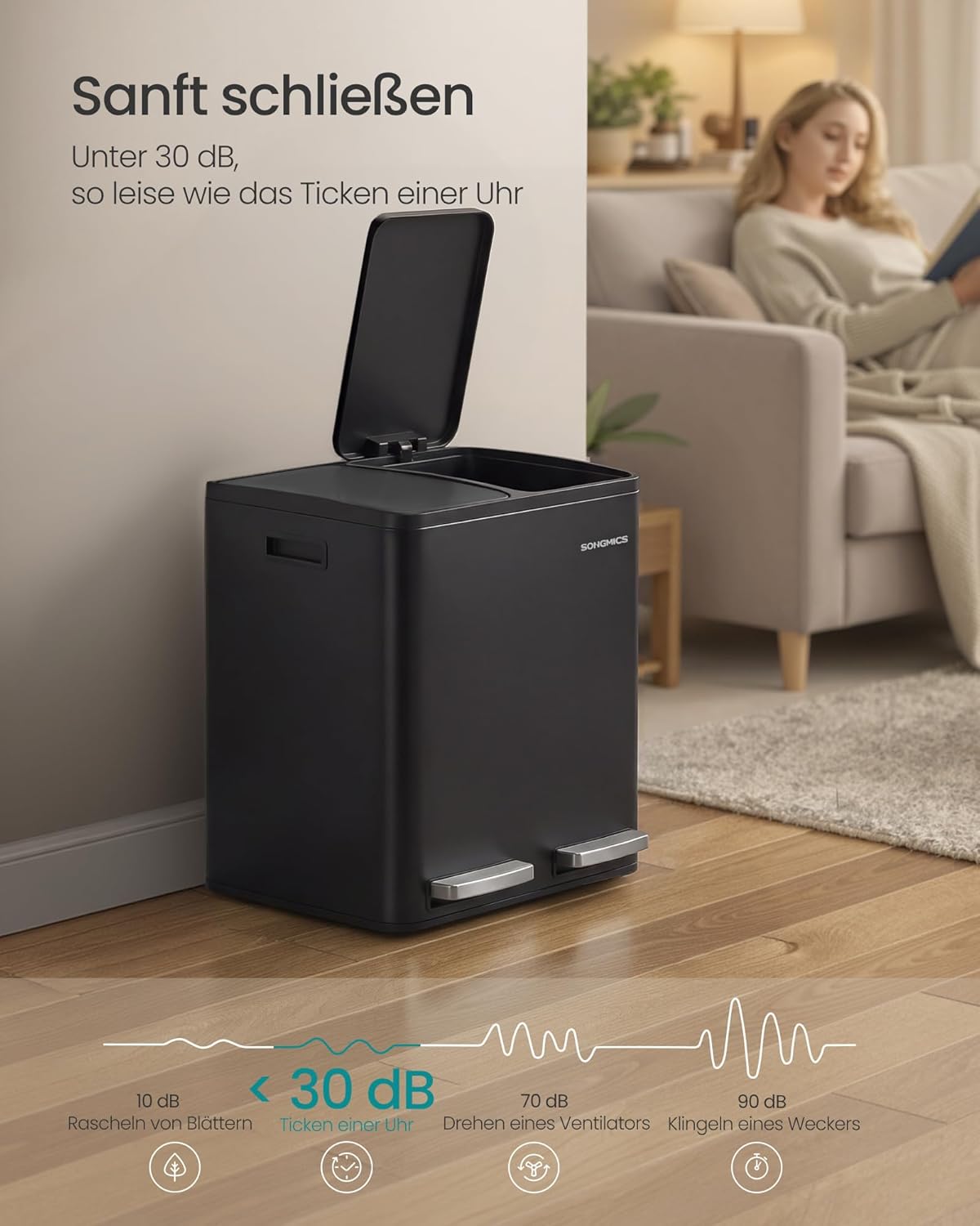 Tretmülleimer 2 Fächer, schwarz 2 x 15 L