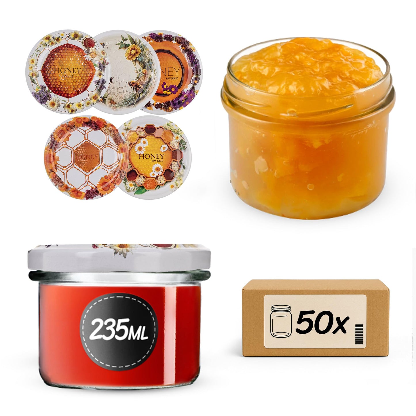 50 x Marmeladengläser mit Schraubdeckel, Blütenhonig 50 Stück