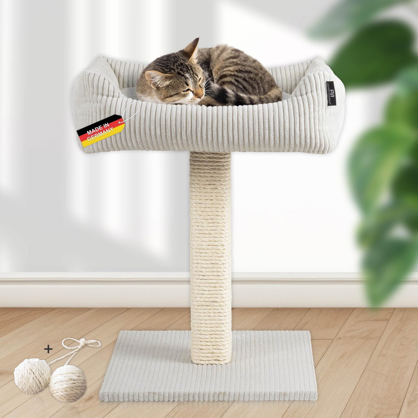 Kratzbaum mit Spielkugeln, Cordstoff breit beige