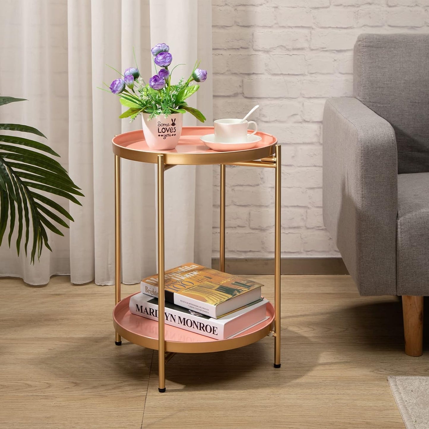 Runder Metall-Beistelltisch mit 2 Ebenen, Goldener Rosa