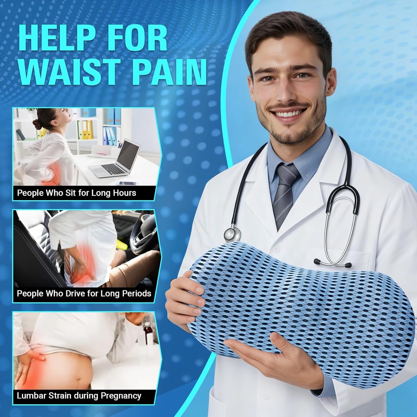 Ergonomisches Lumbalkissen aus Memory-Schaum, Blau