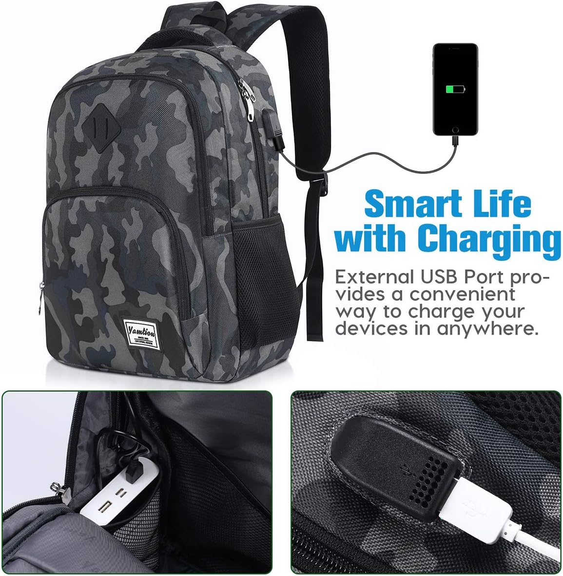 Laptop-Rucksack mit USB-Ladeanschluss, 15,6 Zoll Gjb6-Tarnung Schwarz