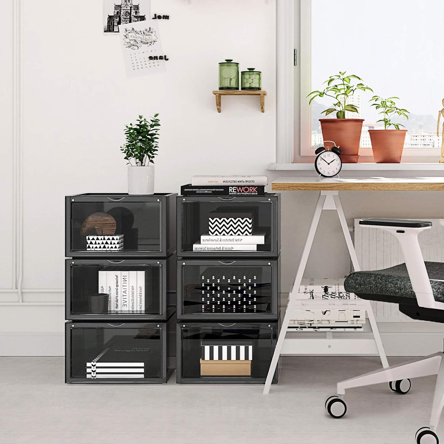 6 Stück Stapelbare Schuhboxen, Schwarz 6er Set