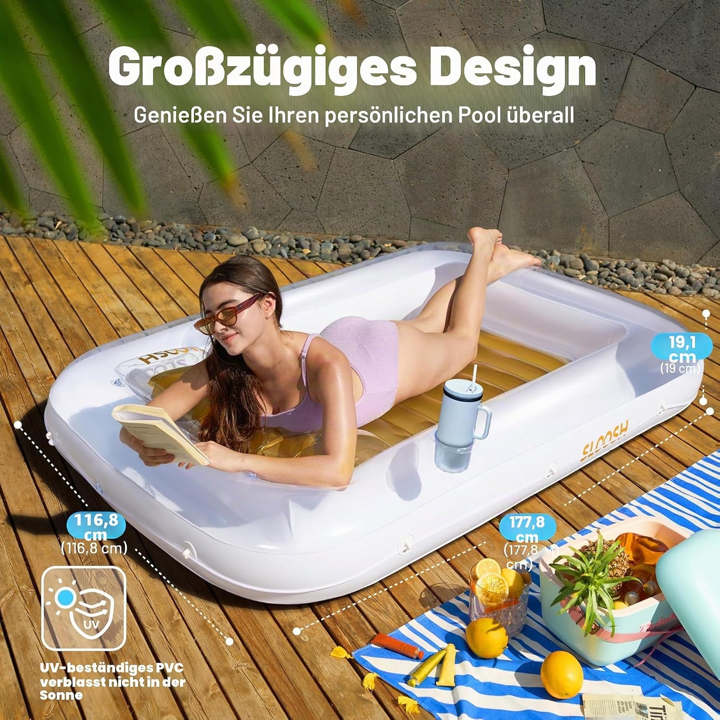 Aufblasbarer Sonnenpool mit abnehmbarem Kissen und Getränkehalter, Gold-Weiss L