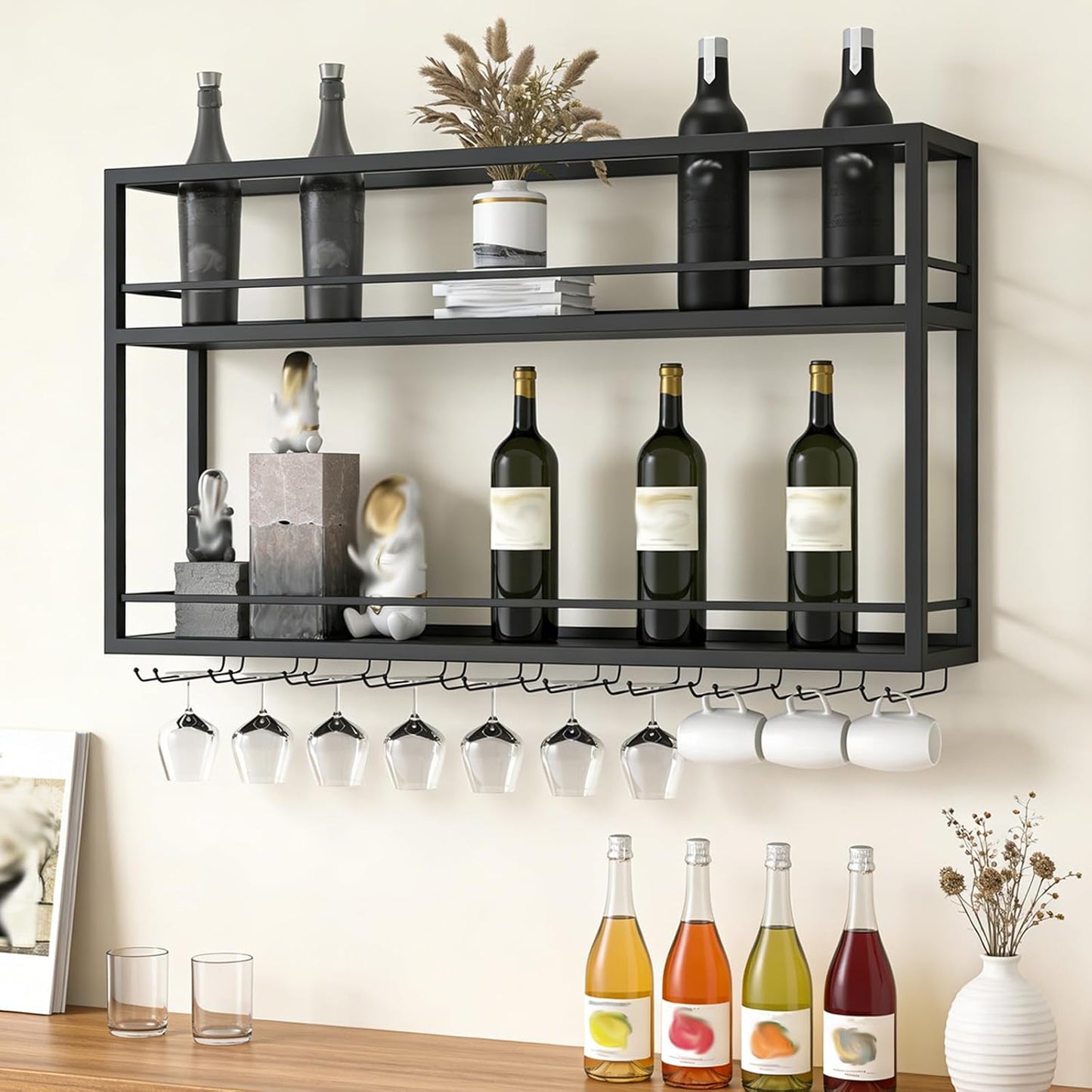Wand-Weinregal mit Glashalter, 80×20×65cm