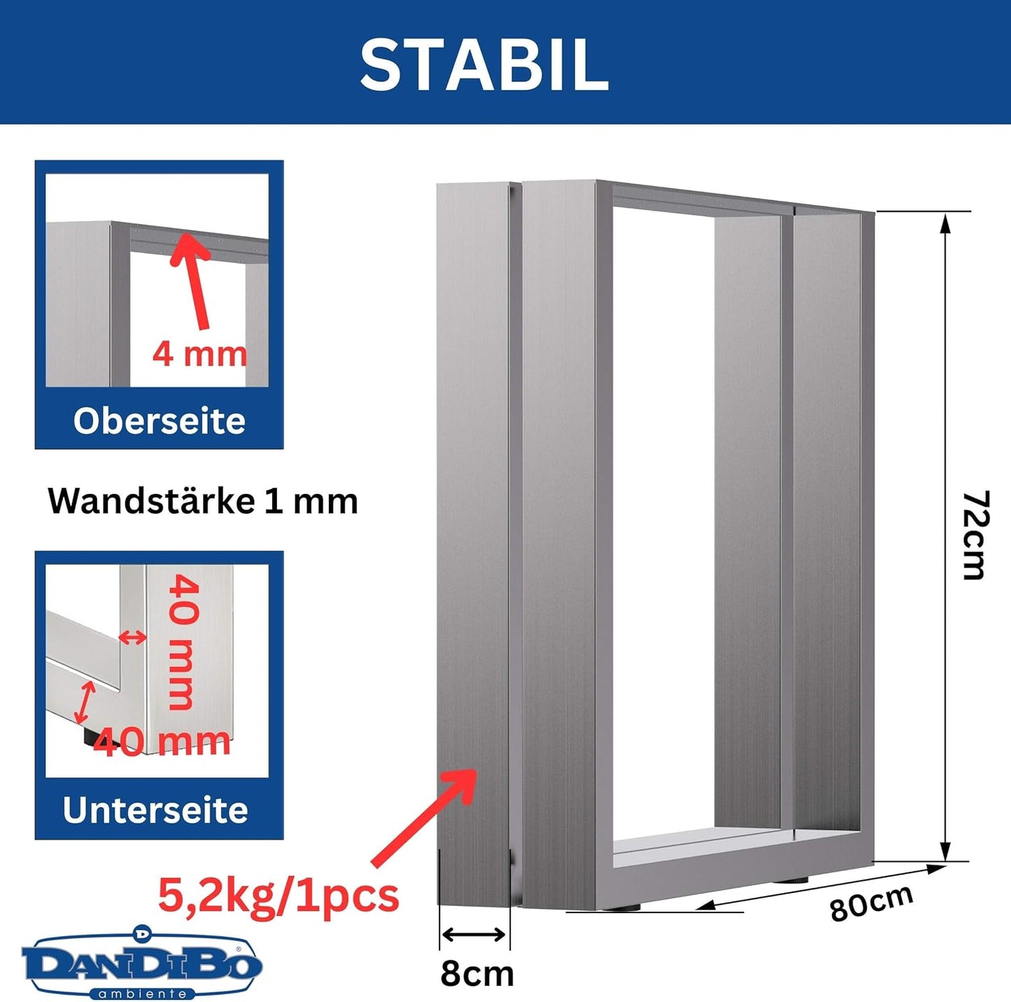 2er-Set Tischbeine, 72 x 80 cm