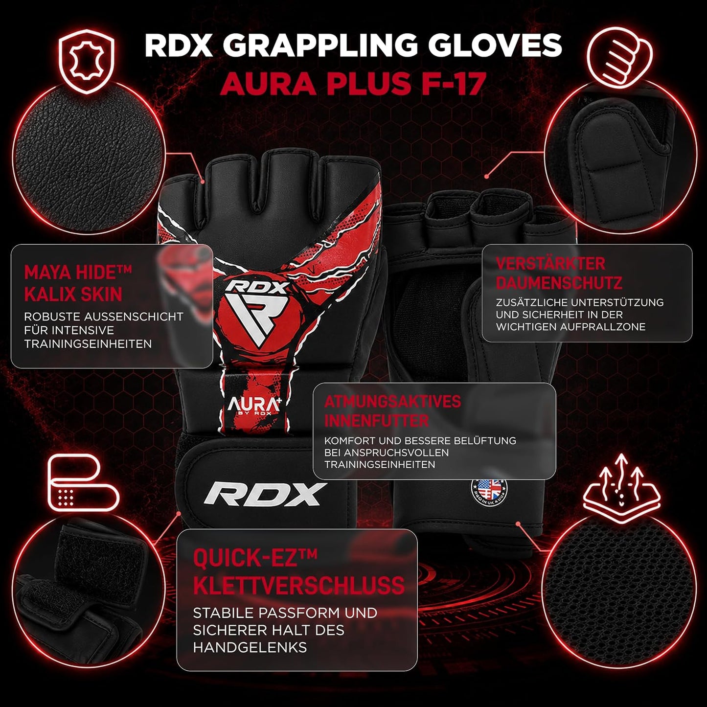 Grappling Handschuhe Aura Plus F-17 für MMA Training, Black/Red S