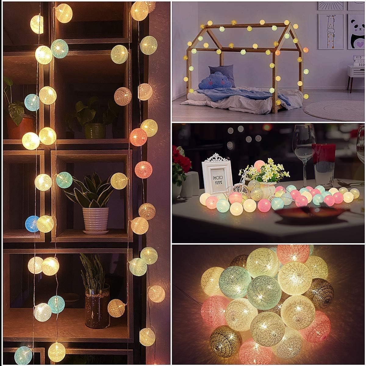 LED-Lichterkette mit Baumwollkugeln, Bunt Batterie