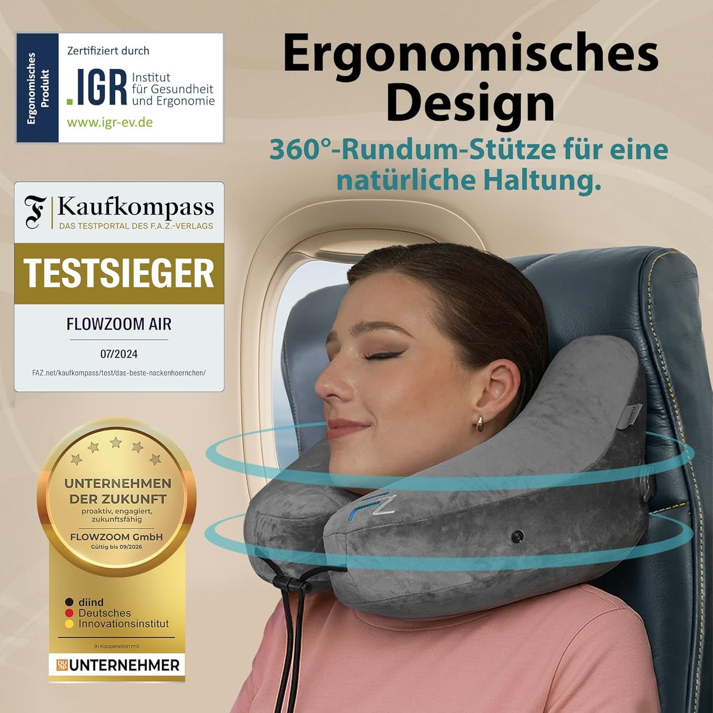 Aufblasbares Nackenkissen Air mit Kapuze, 3) Grau - Grösse M
