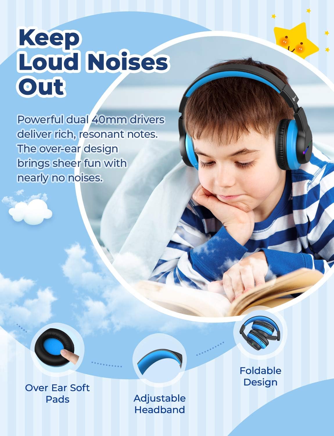 Bluetooth-Kinderkopfhörer mit LED, Schwarz