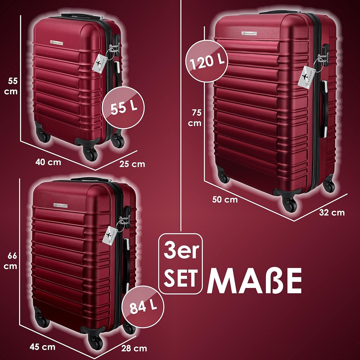 3tlg. Hartschalenkofferset mit Kofferwaage, Bordeaux