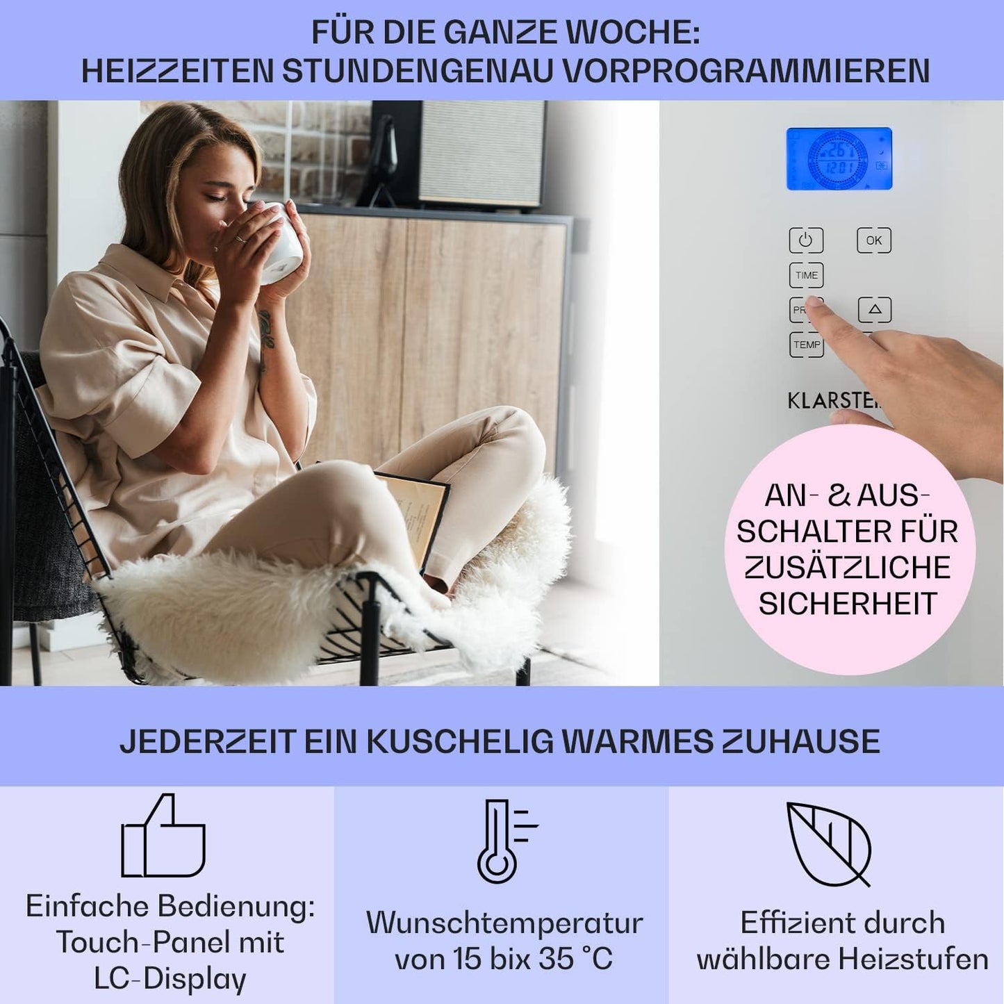 Elektroheizung Konvektor mit Thermostat, 2000 Watts - bis 30 m² Weiss