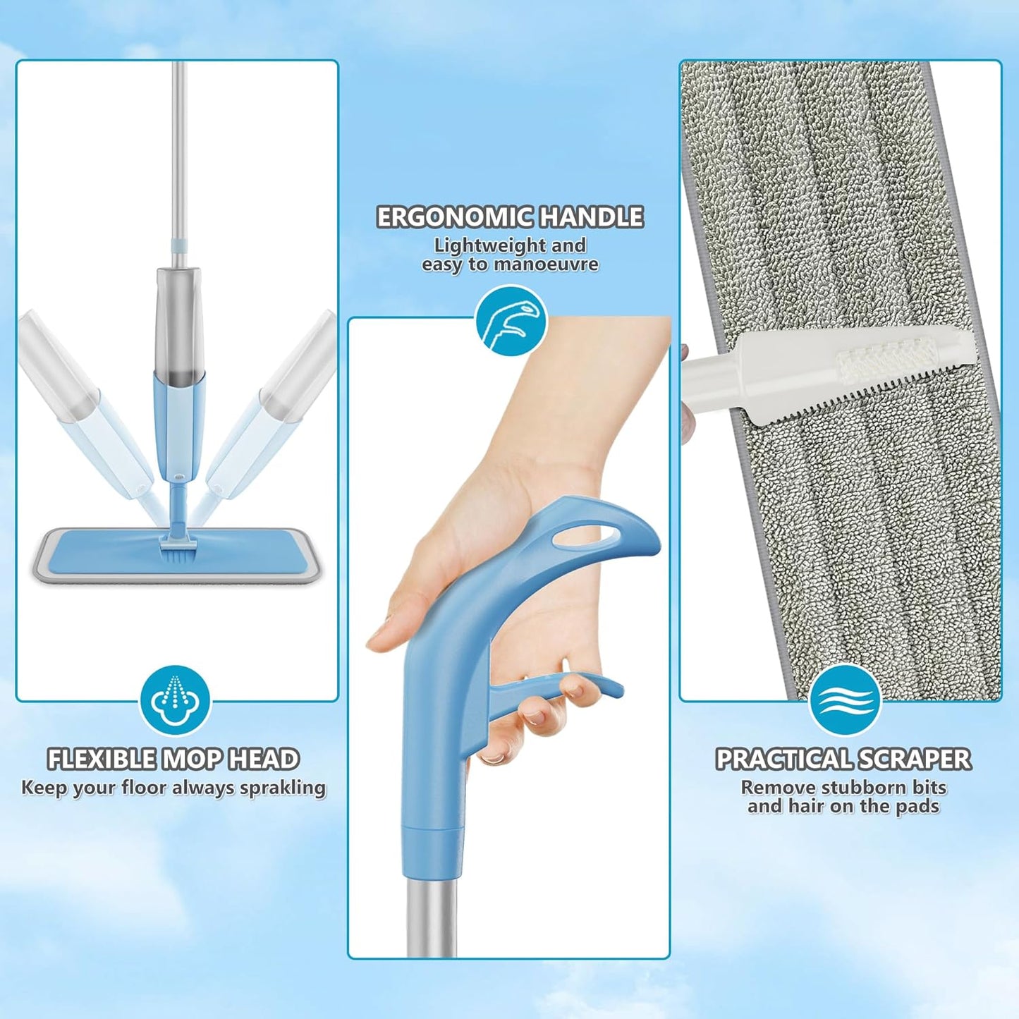 Sprühwischer mit Mikrofaser-Pads und 360° Drehfunktion, Blau