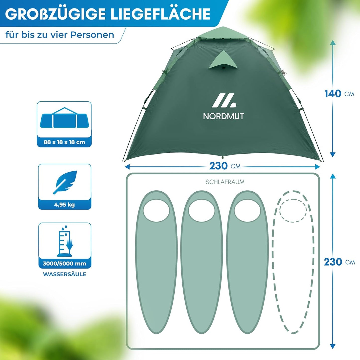 Pop Up Wurfzelt für 2-4 Personen, wasserdicht & UV-Schutz, Grün
