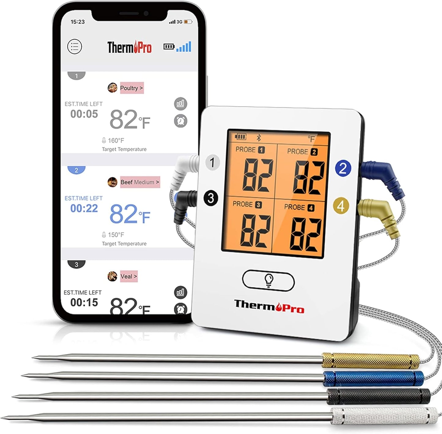 Bluetooth Bratenthermometer mit 4 Sonden, 4 Sonden