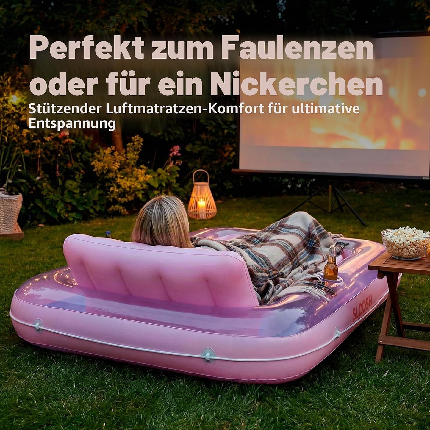 Aufblasbarer Sonnenpool mit abnehmbarem Kissen und Getränkehalter, Lila-Pink L