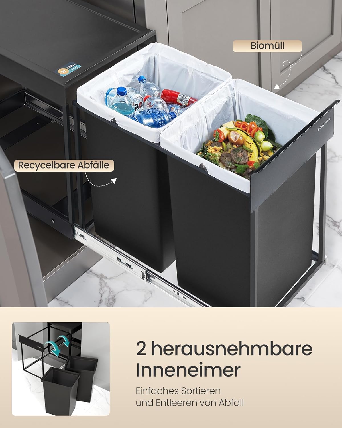 Mülltrennsystem für Unterschrank, tintenschwarz 2 x 20 L