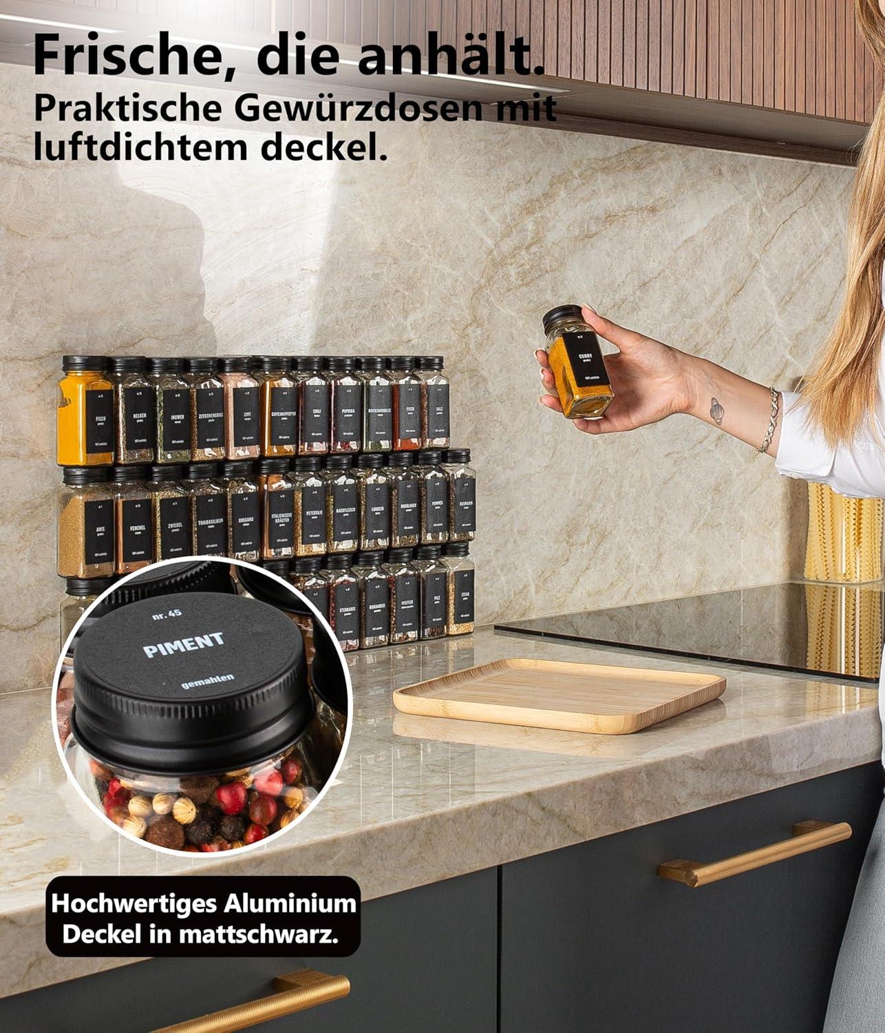 Gewürzgläser-Set mit Schraubkappe, 12 Stk., Deckel Alu, Schwarz