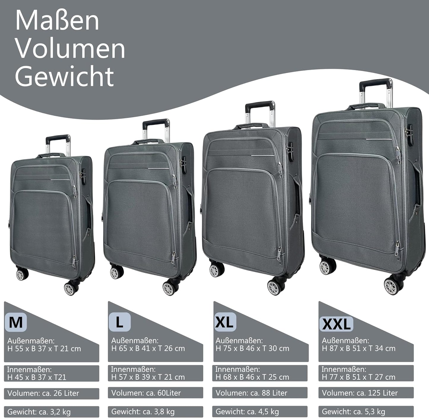 Erweiterbarer Weichgepäck-Reisekoffer XL mit Zwillingsrollen, Großer Koffer (75cm) Grau