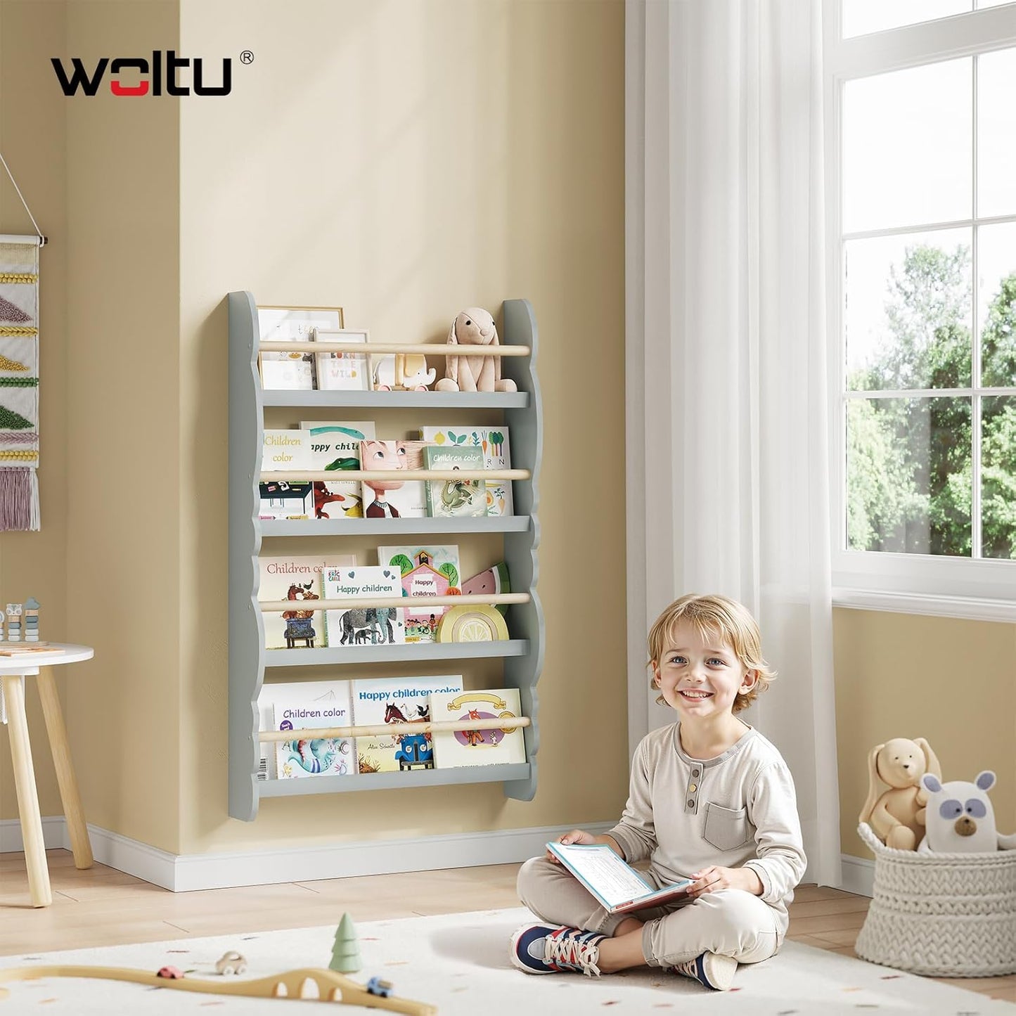 Kinderbücherregal mit 4 Ablagen, Grau 60x98cm