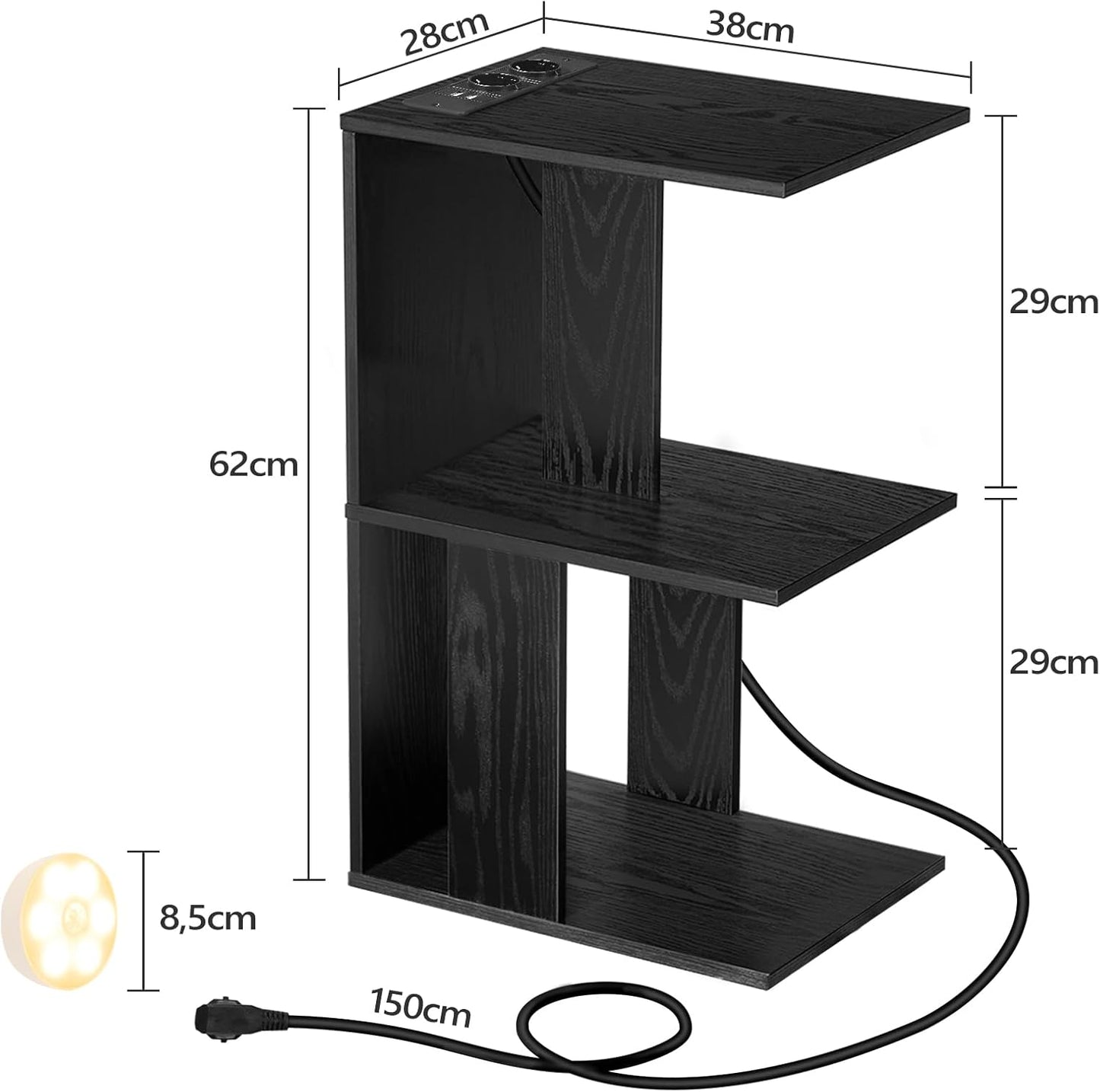 C-förmiger Couchtisch mit Ladestation, Schwarz