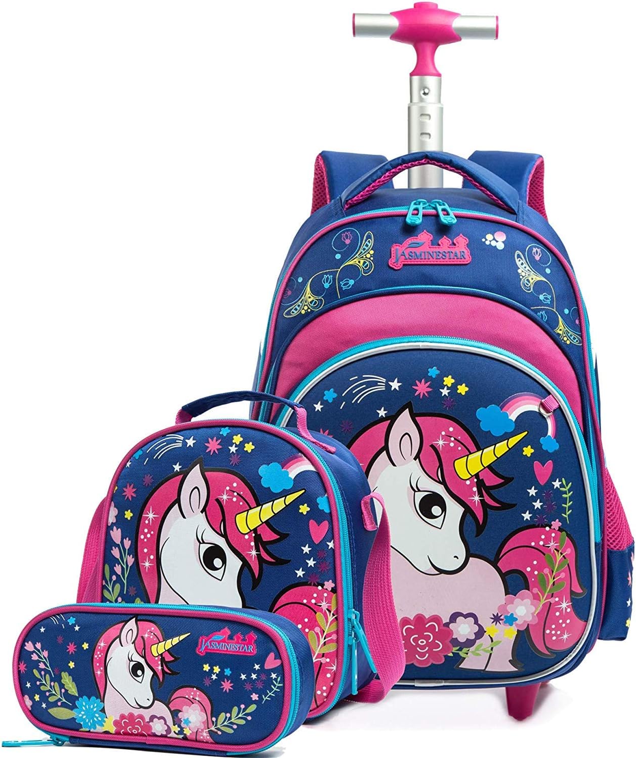 Einhorn Schultrolley für Kinder mit Zubehör-Set, A-bleu