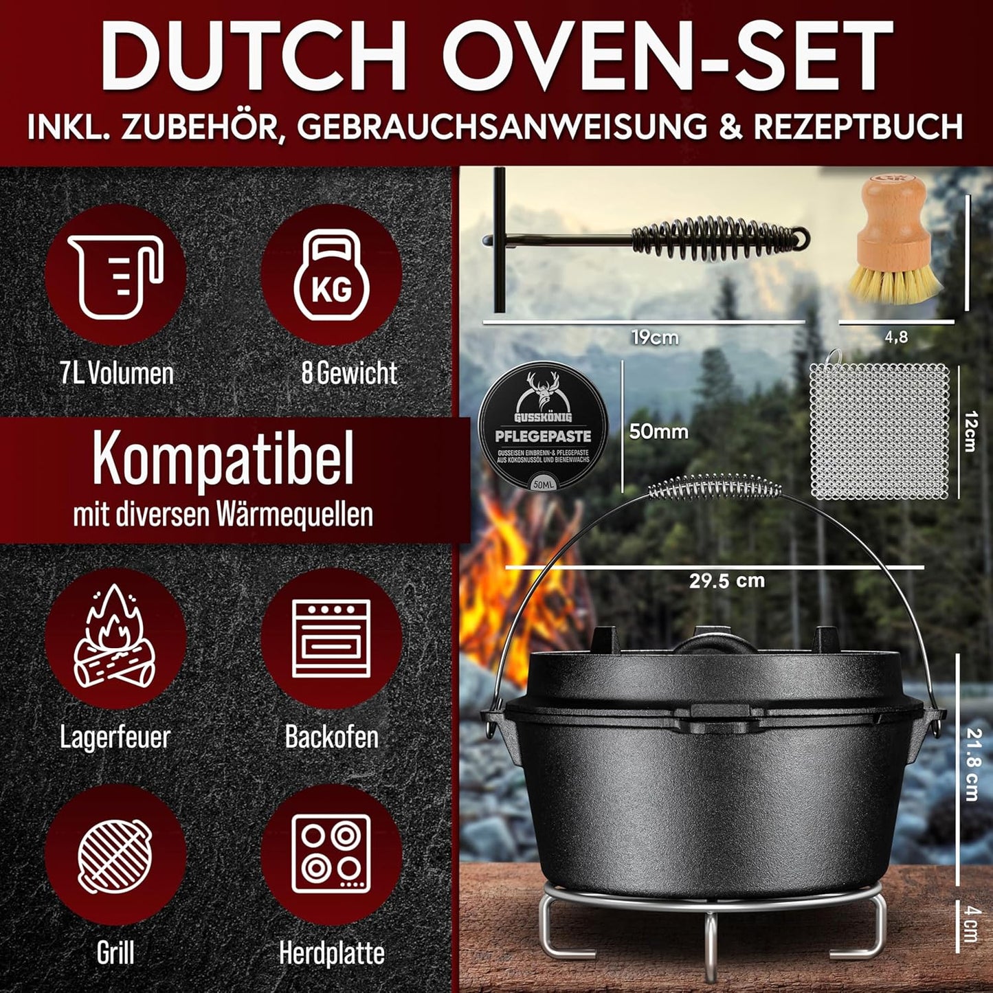 Dutch Oven Set, Topf ohne Fuss+Bürste 7 Liter