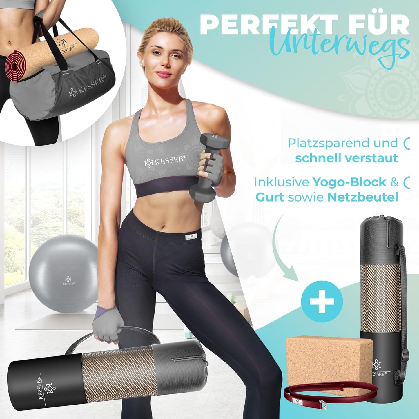 Yogamatte mit Tragegurt & Block, Bordeaux