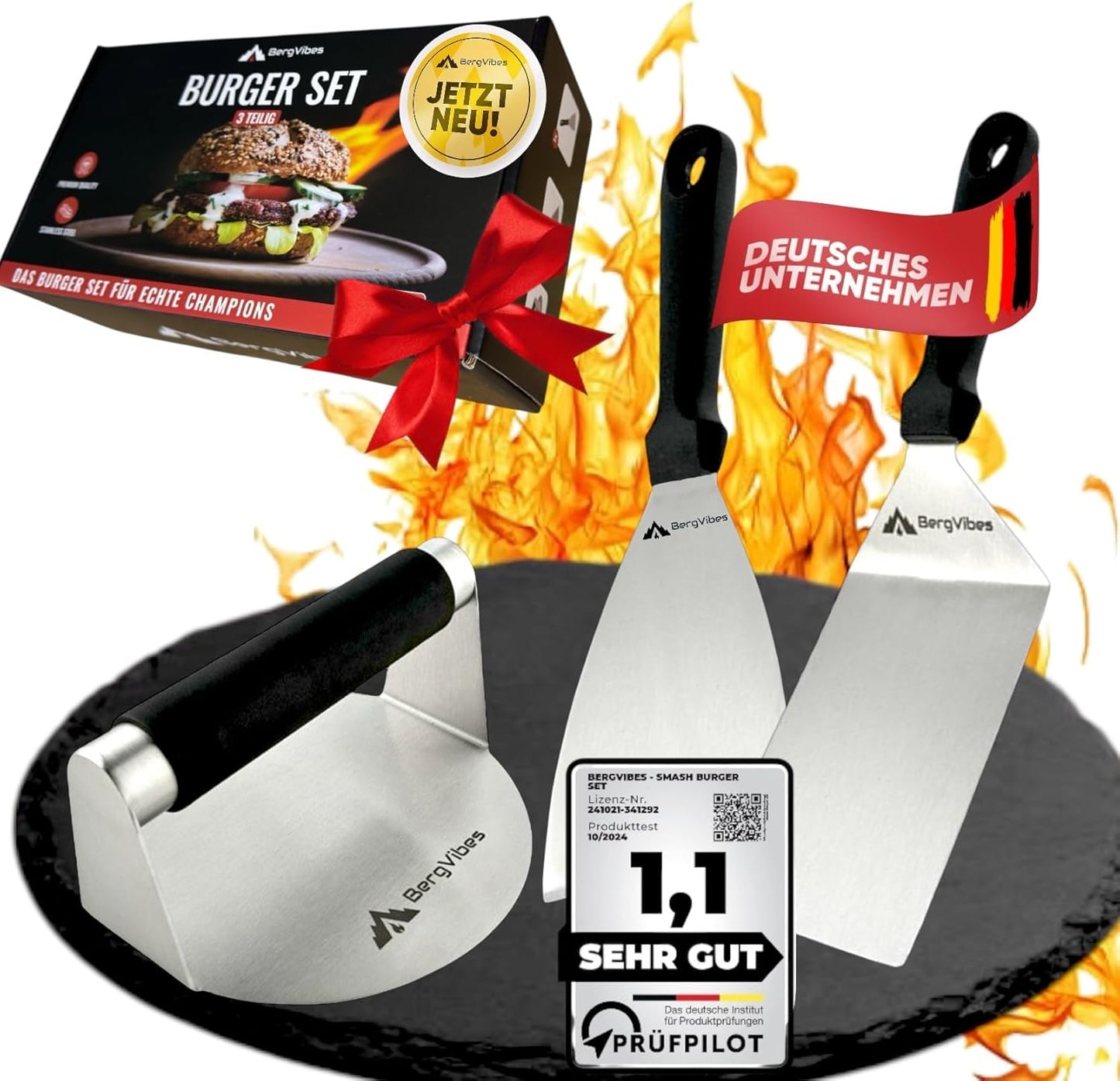 3-teiliges Smash Burger Set, Burgersmasher, Grillwender, Grillspachtel, 3tlg.
