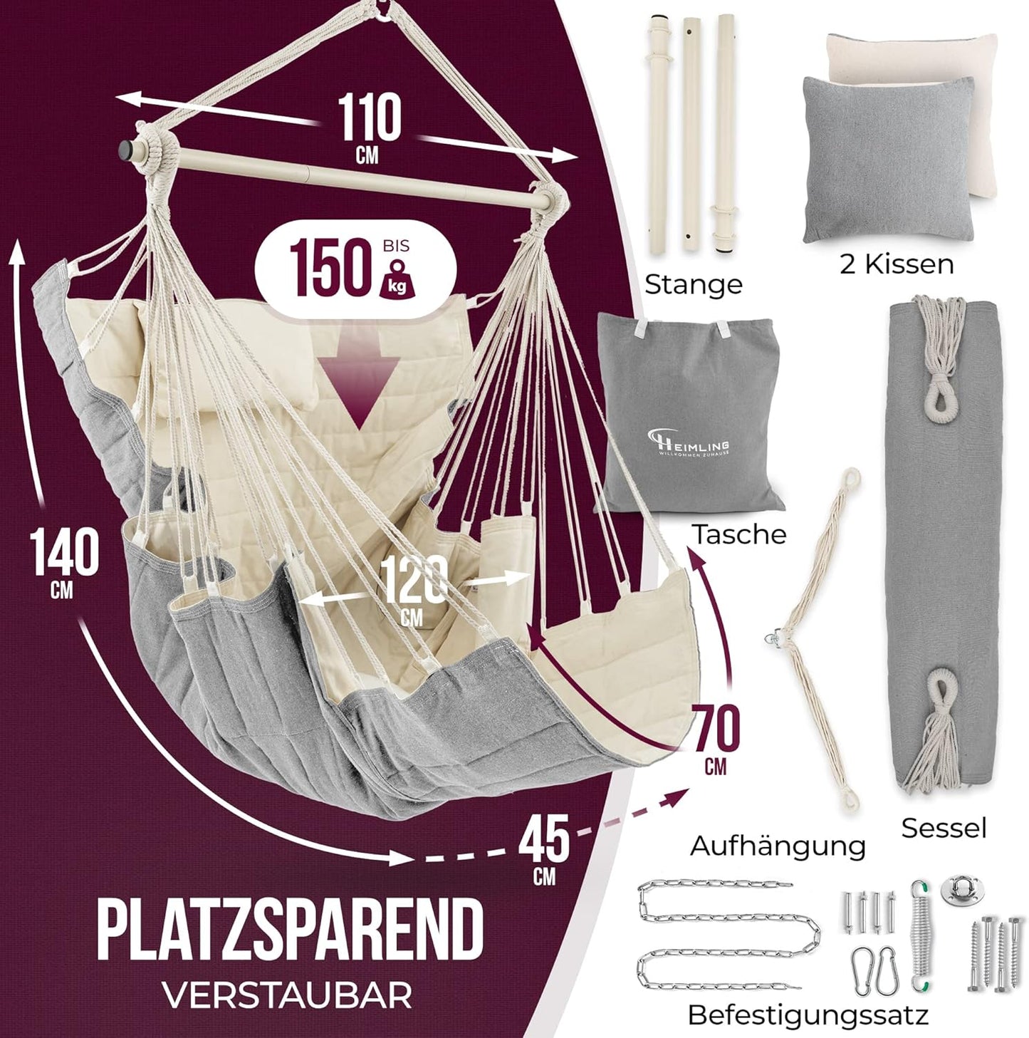 XXL Hängesessel für Indoor & Outdoor (inkl. Kissen), Beige/Grau