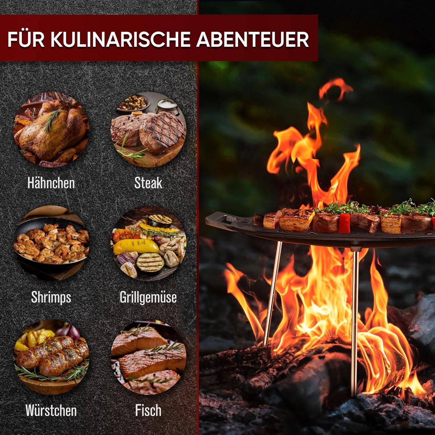 Grillplatte mit Dreibein und Pflegepaste, Gusseisen Grillplatte Ø 42cm Mit Pflegepaste
