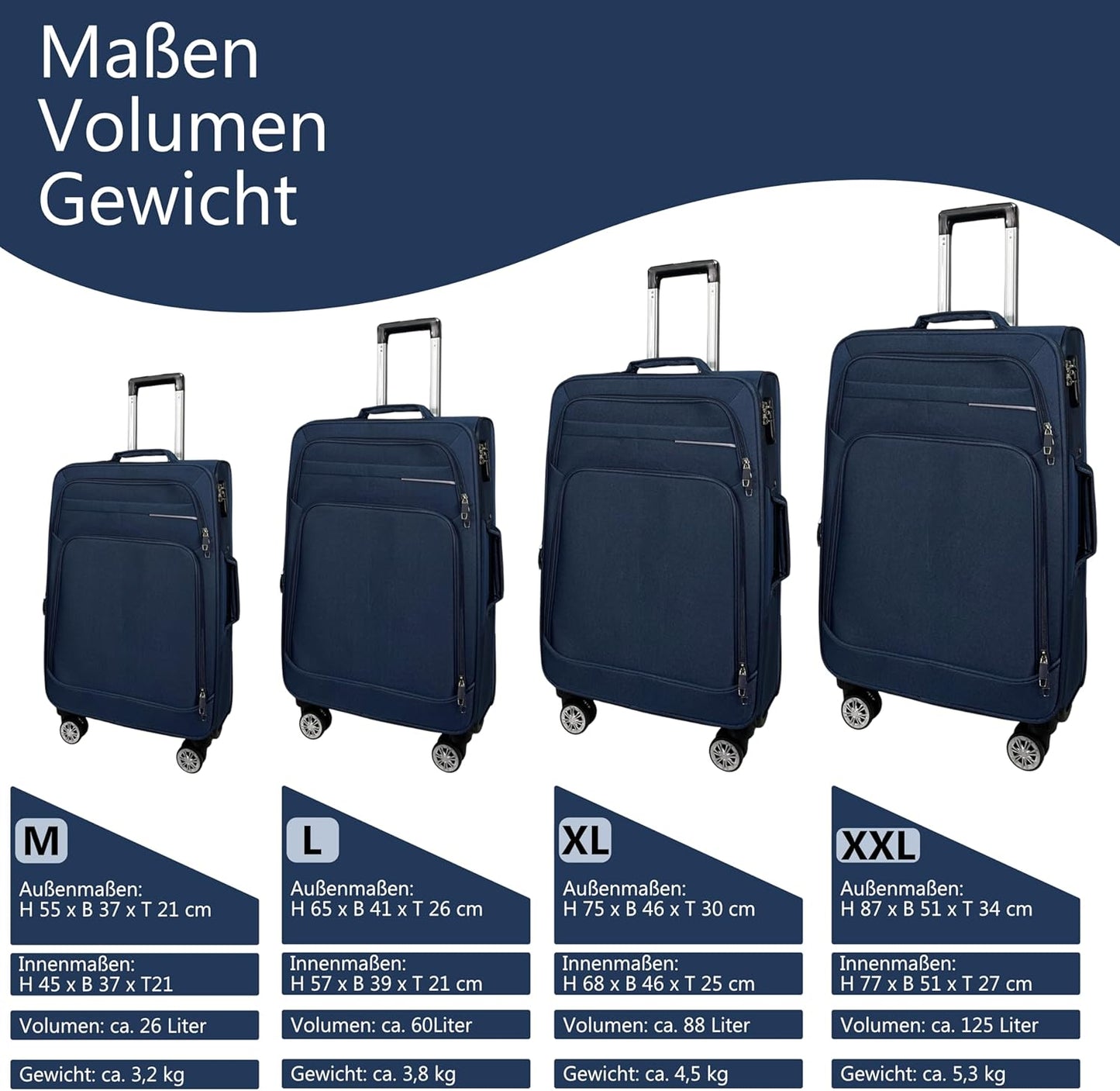 Erweiterbarer Weichgepäck-Koffer XL mit Zwillingsrollen, Grosser Koffer (75cm) Blau