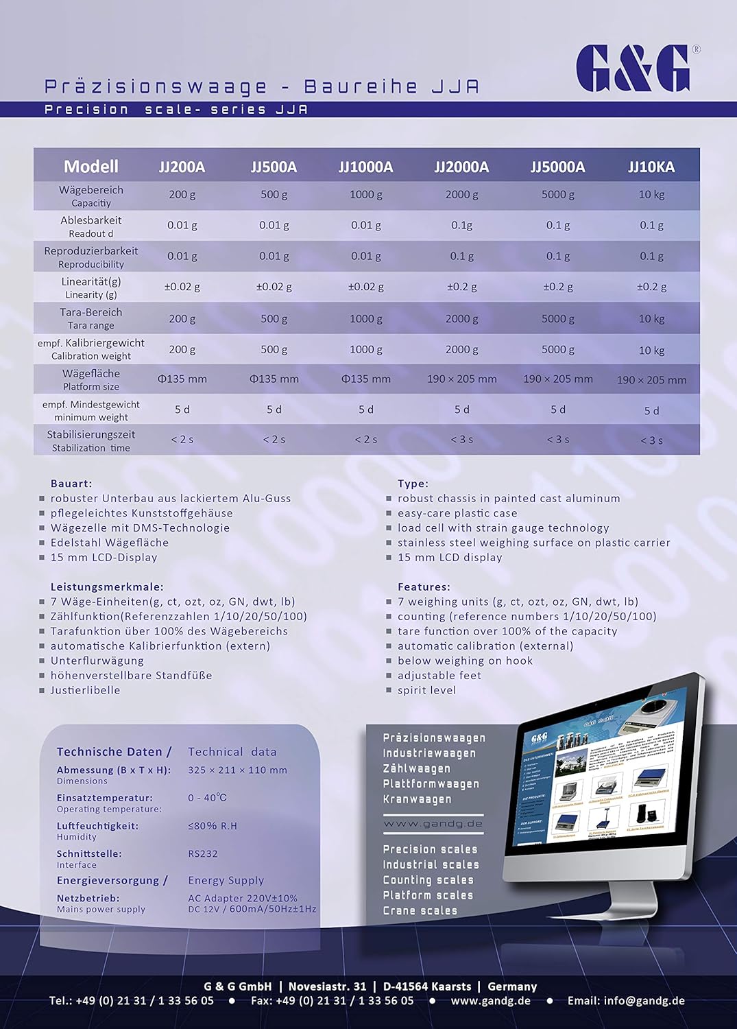 JJ2000A Laborwaage mit Netzanschluss, JJ2000A: 2000g / 0,1g