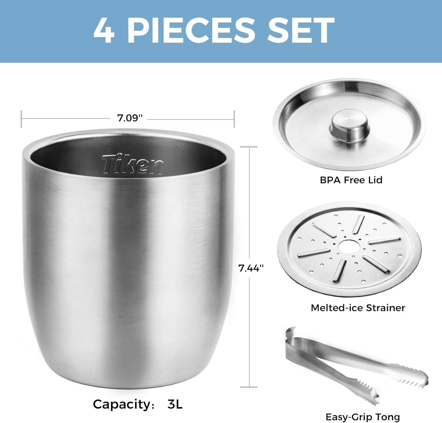 Eiseimer mit Zange und Deckel, Silber