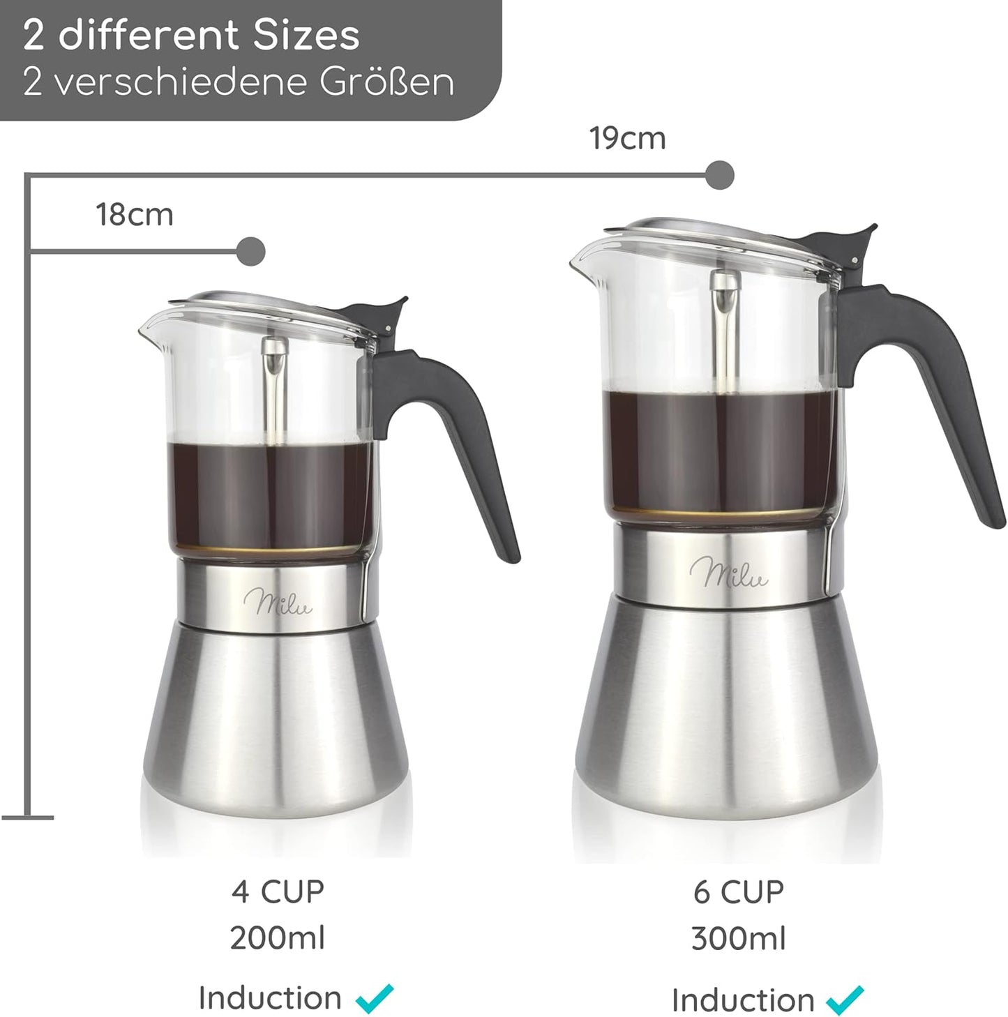 Espressokocher Induktion für 4 Tassen, Glas 4 Tassen (200ml)