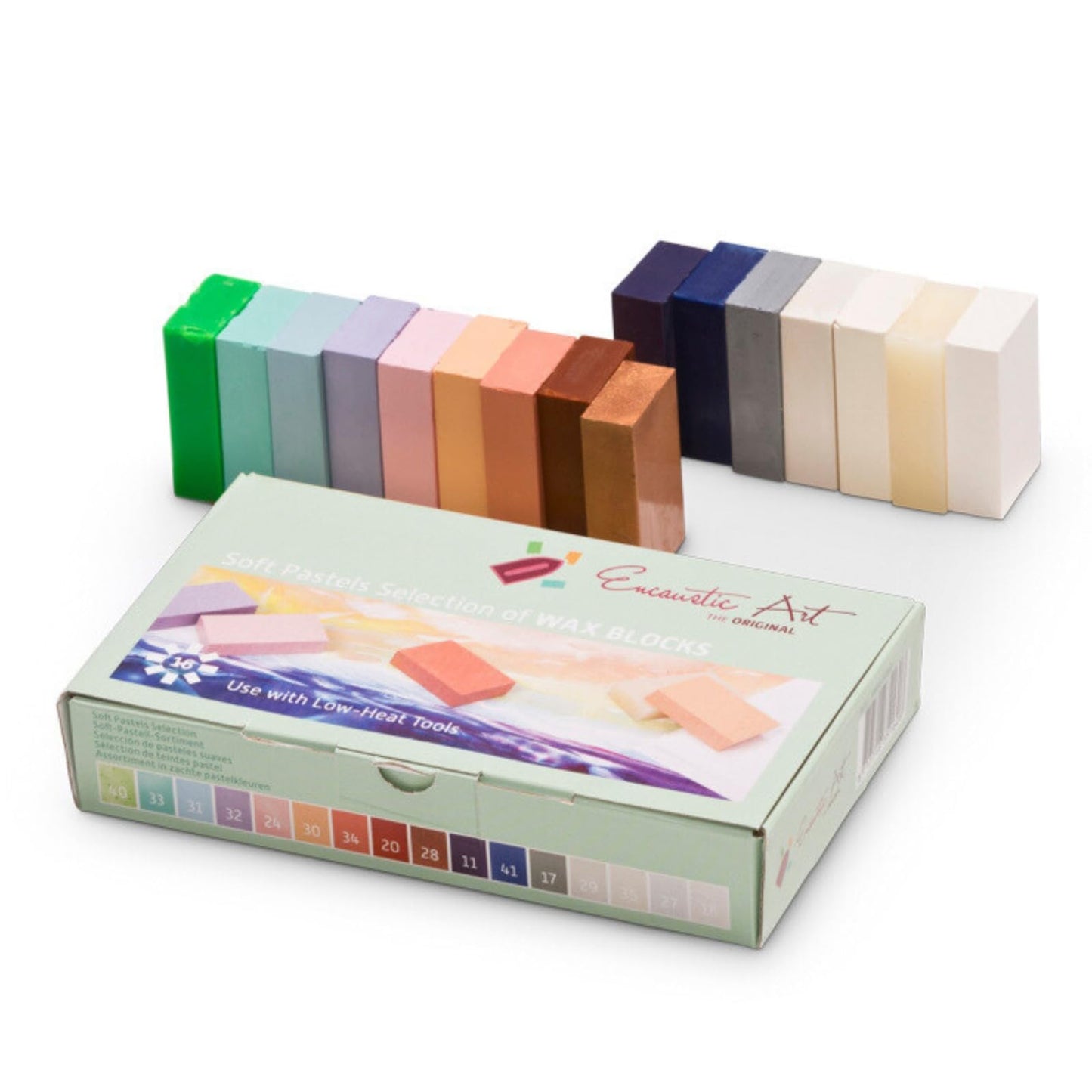 Encaustic Wachsblöcke-Set mit 16 Farben, Weiches Pastell-Set: Pastellblau, Bronze, Neongrün, Grau, Pastellorange, Blauviolett,