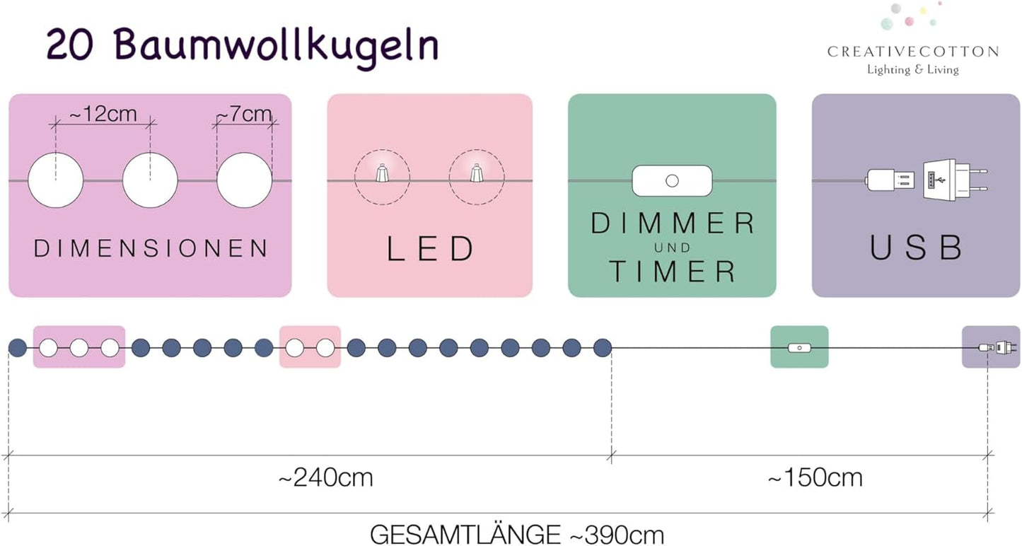 LED-Lichterkette mit Timer und Dimmer, Blumenwiese 20 Kugeln