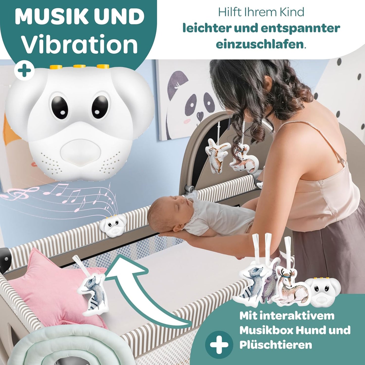 Klappbares Reisebett mit Matratze & Zubehör, Schwarz / Beige