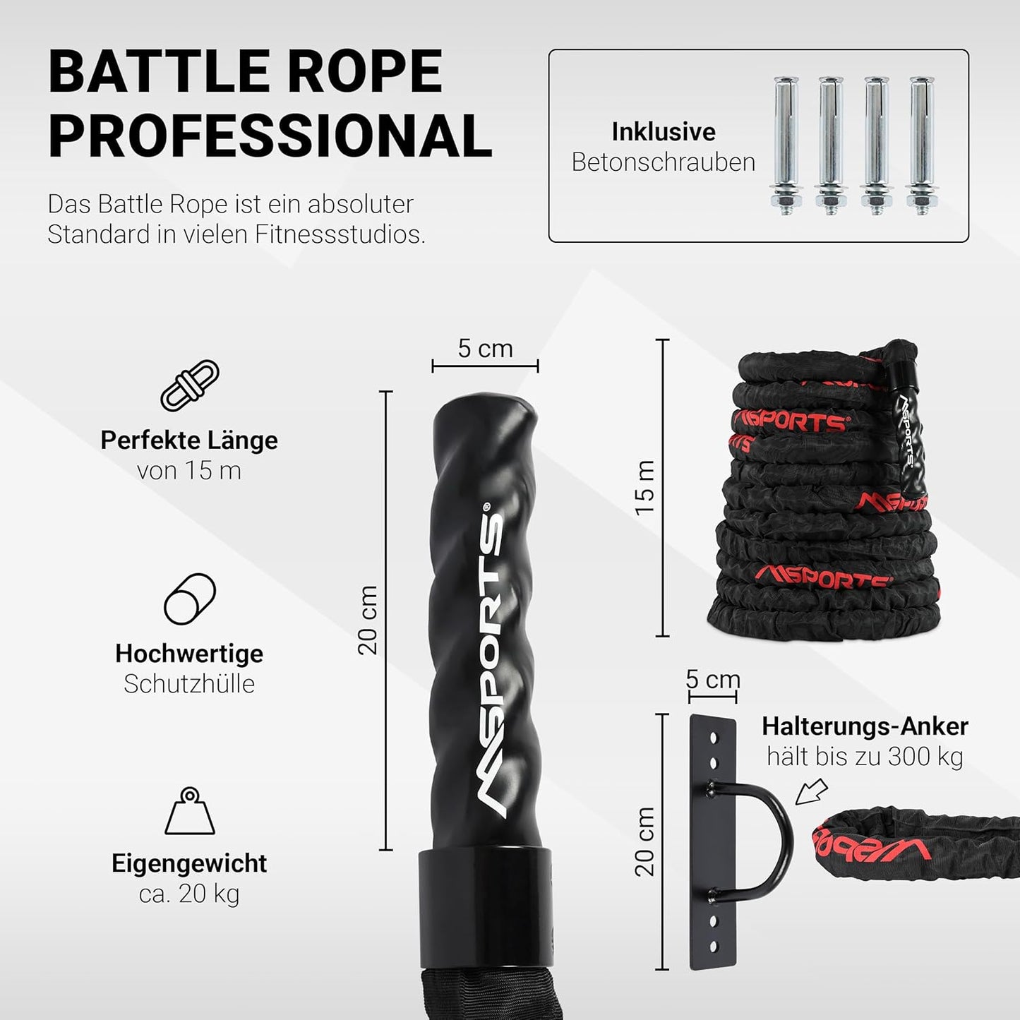 Battle Rope Trainingsseil, Schwarz / Rot - 15M - mit Stoffüberzug