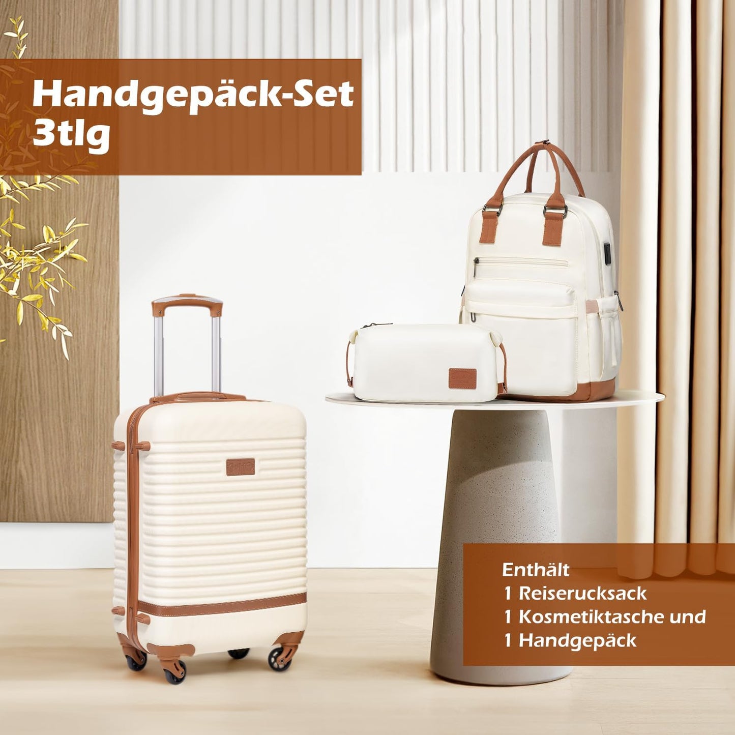 3-teiliges Handgepäck-Set mit Rucksack und Kulturbeutel, Handgepäck-Set 3tlg Weiss/Braun