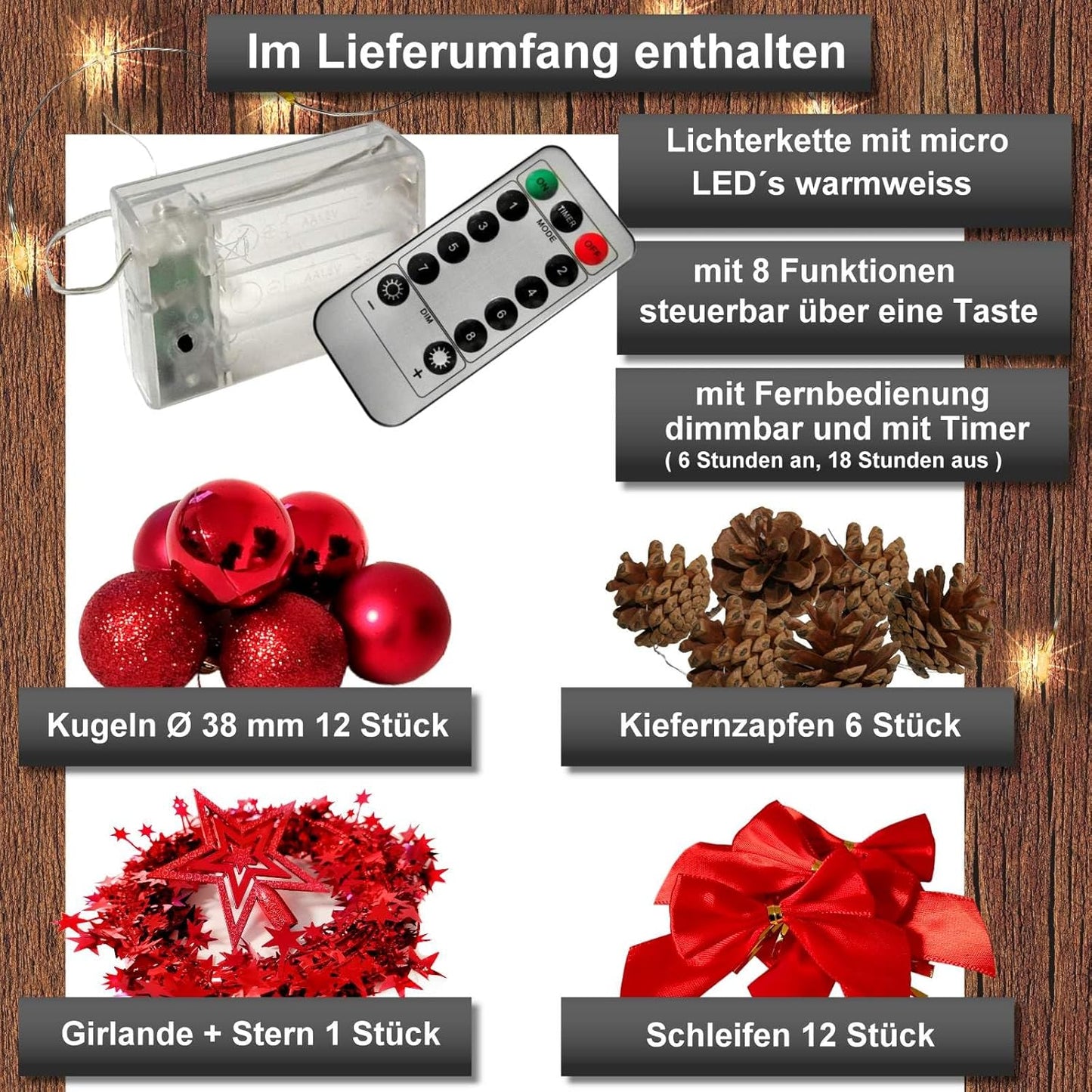 Künstlicher Weihnachtsbaum mit LED & Deko (60 cm), 60 cm Grün-rot-braun+warmweiss