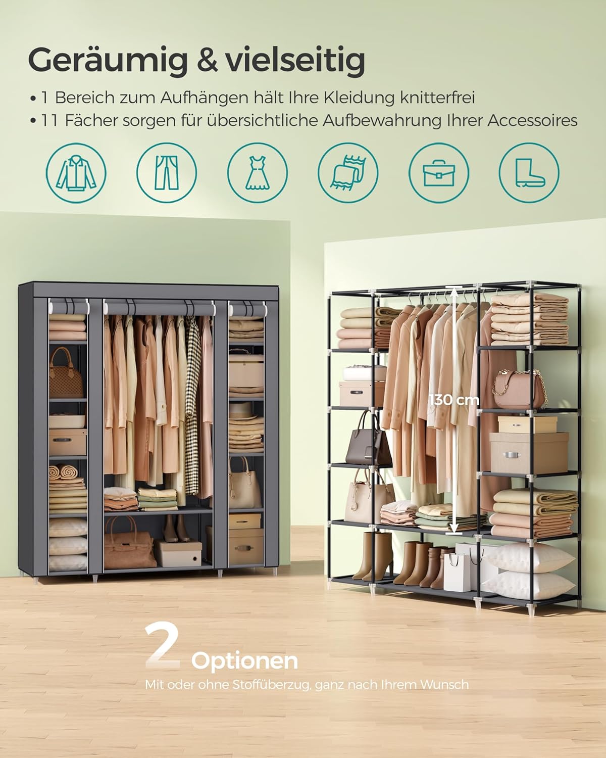Kleiderschrank Miranda mit Stange und Ablagen, Grau