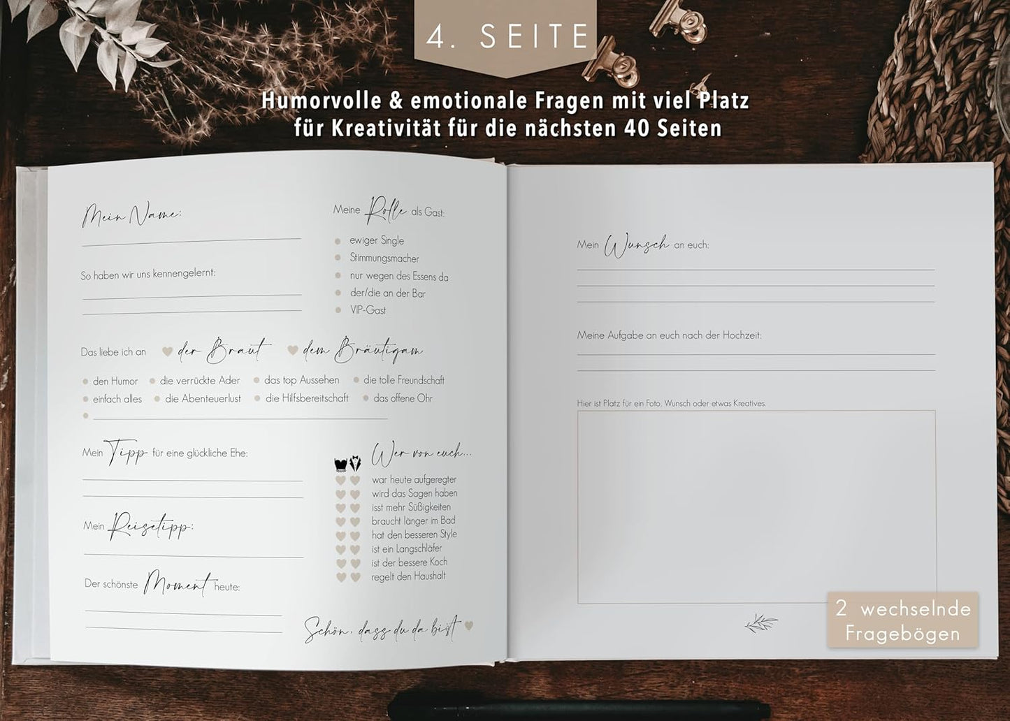 Hochzeit-Gästebuch mit Fragen zum Ausfüllen, mit Fragen Beige
