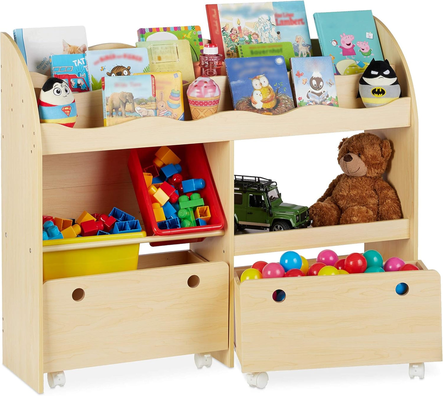 Kinderregal mit Kunststoffboxen und Bücherfächern